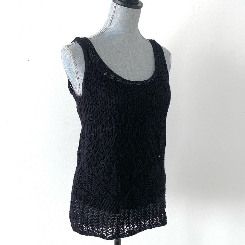 Lauren Ralph Lauren Black Linen Cotton Knit Top Crochet M Vacation Cruise Chic